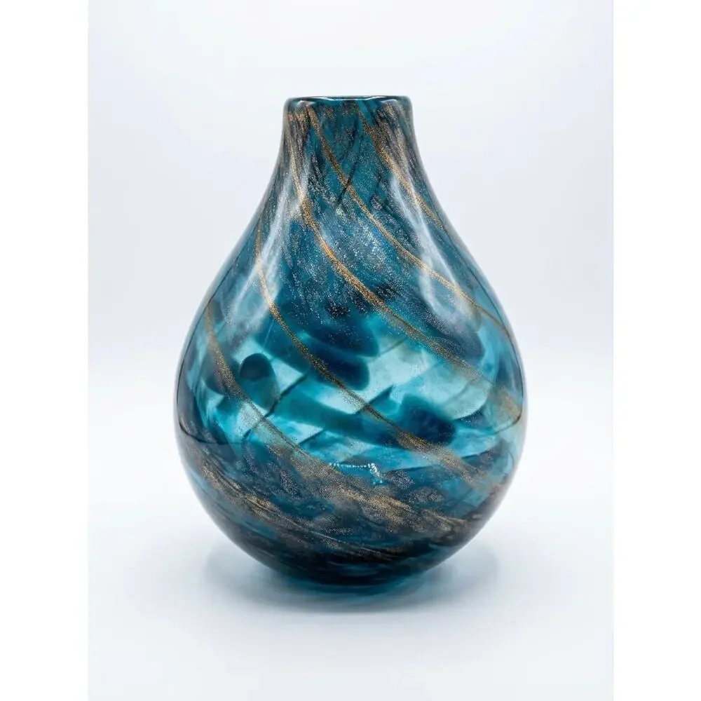 Vintage Hand Blown Blue Art Glass Vase Copper Gold Aventurine Swirl Teardrop 11